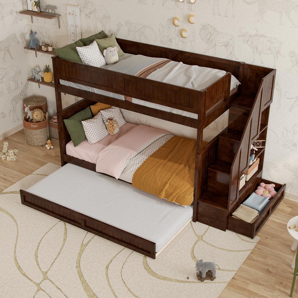 Walnut Twin Over Twin Bunk Bed with Storage Drawer and Trundle
