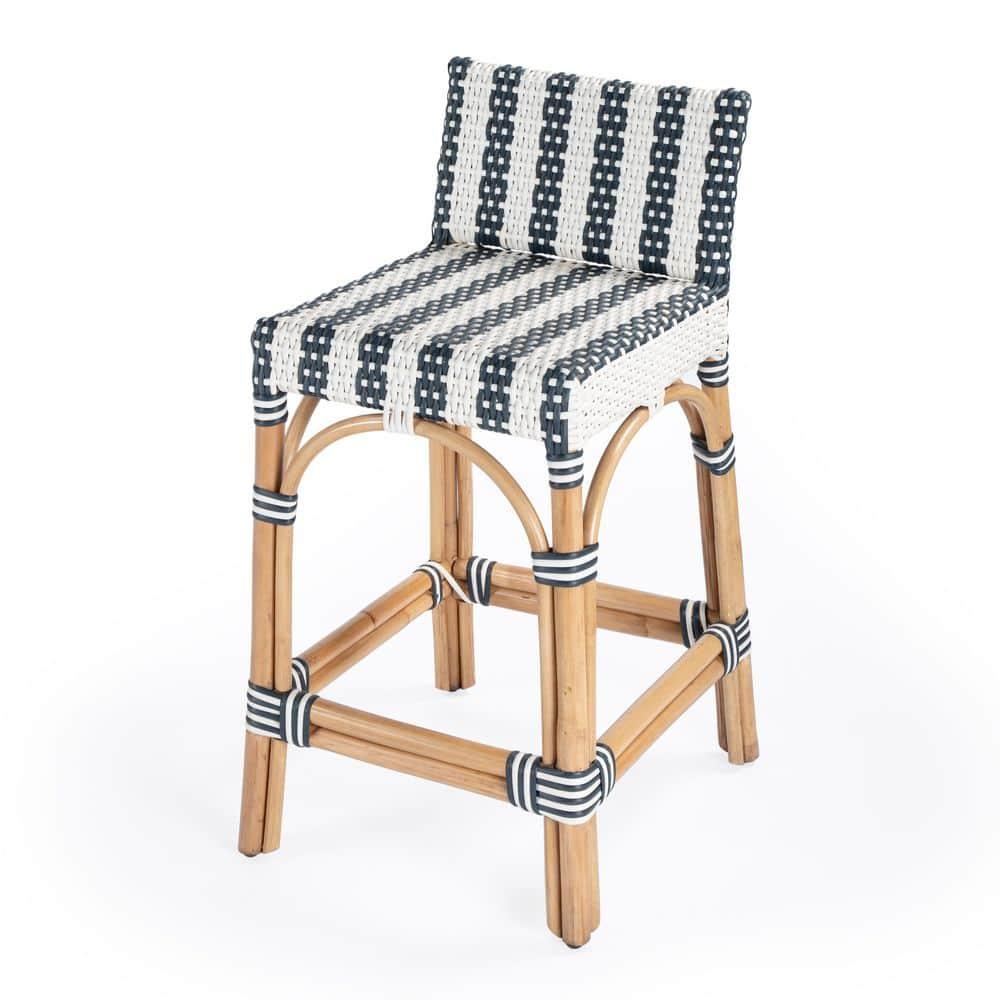 Butler Specialty Serienna Rattan Low Back 24.5" Counter Stool - Navy & White