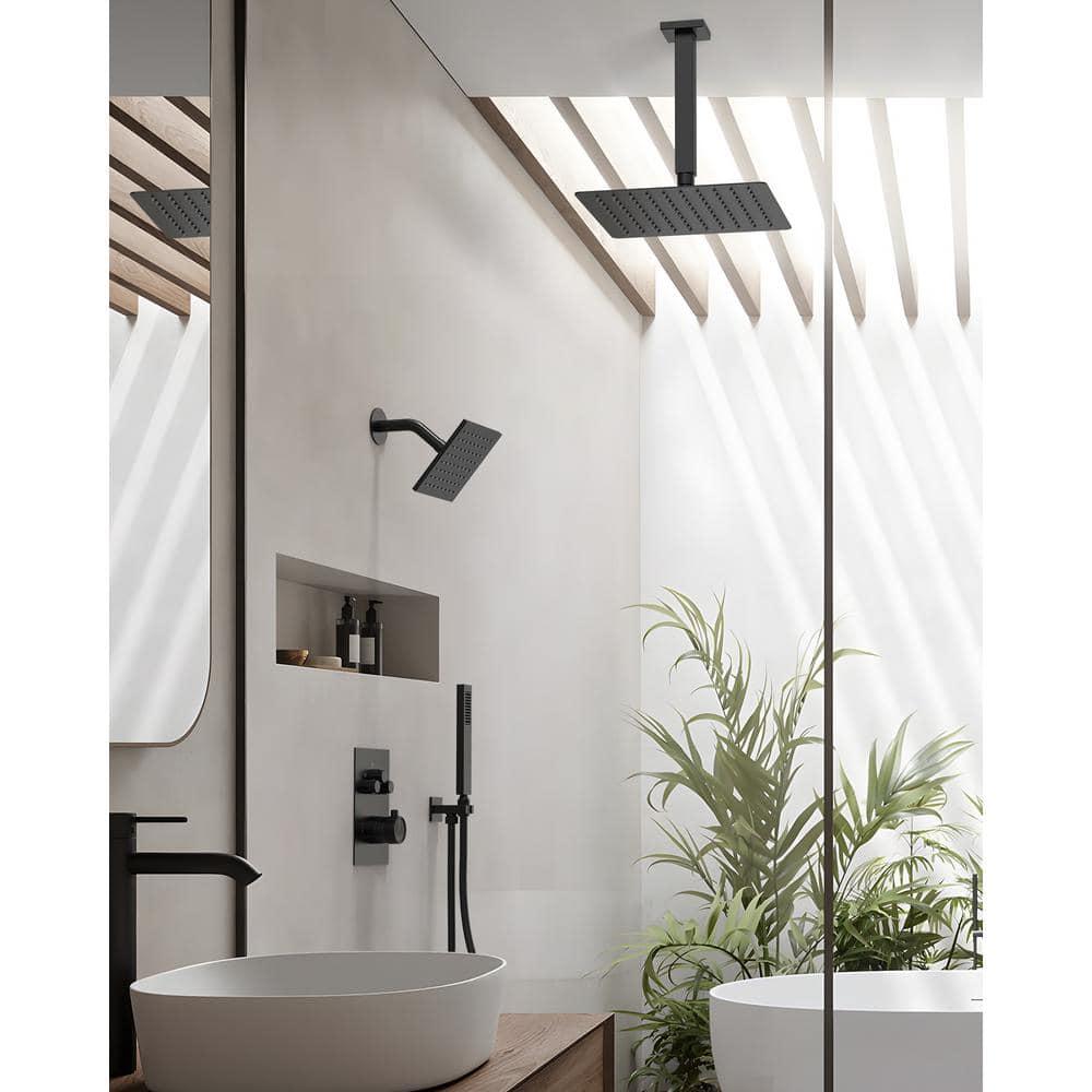 GRANDJOY Dual Wall Mount Rainfall Shower Head System Luxury Adjustable 12 inch & 6 inch Shower Faucet Set with Handheld Shower Spray Thermostatic Pressure Balance Value, Matte Black
