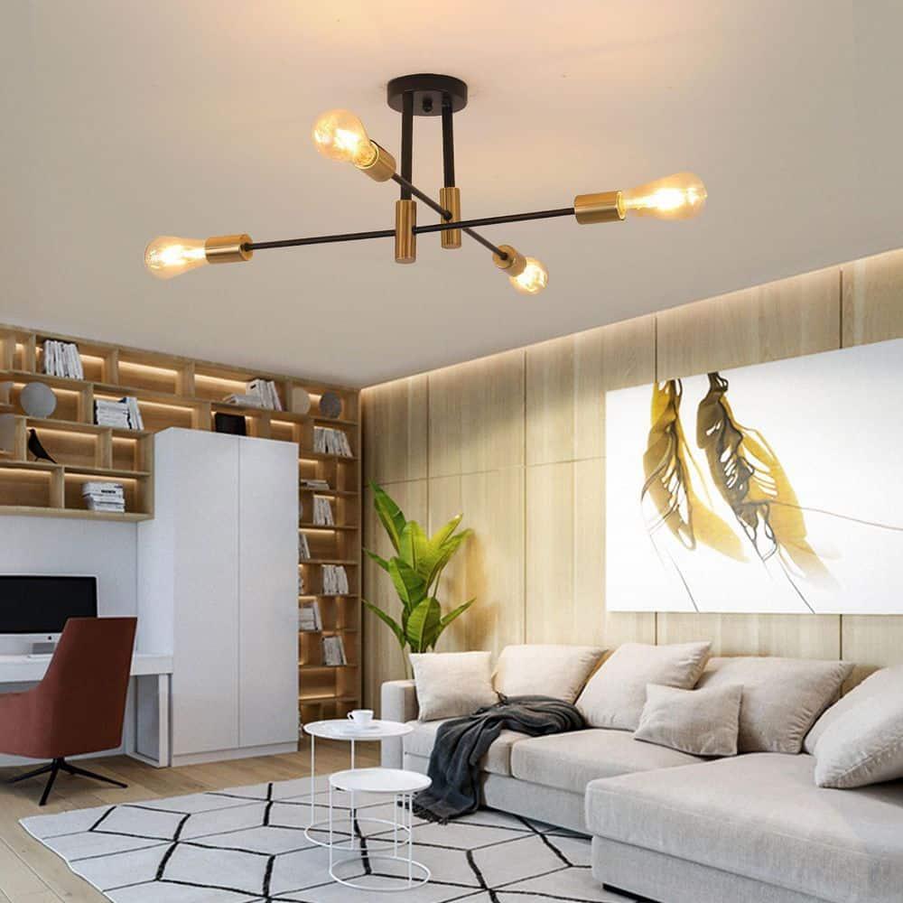 Sputnik Chandelier - 4-Light Semi Flush Mount Ceiling Light Fixture,Mid Century Modern Hanging Light Fixtures,Black and Gold Chandeliers for Dining Room Bedroom Living Room Kitchen Foyer