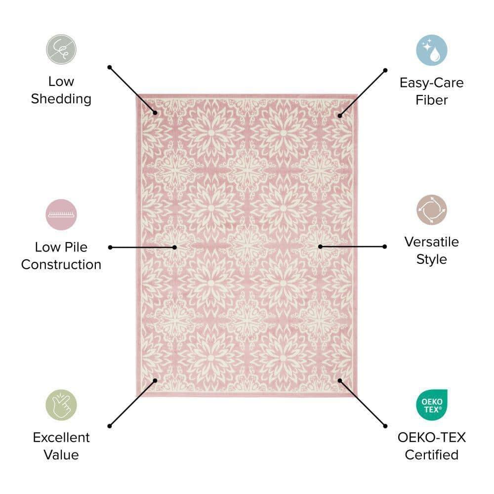 Nourison Jubilant Geometric Floral Ivory/Pink 5'3" x 7'3" Area Rug, (5' x 7')