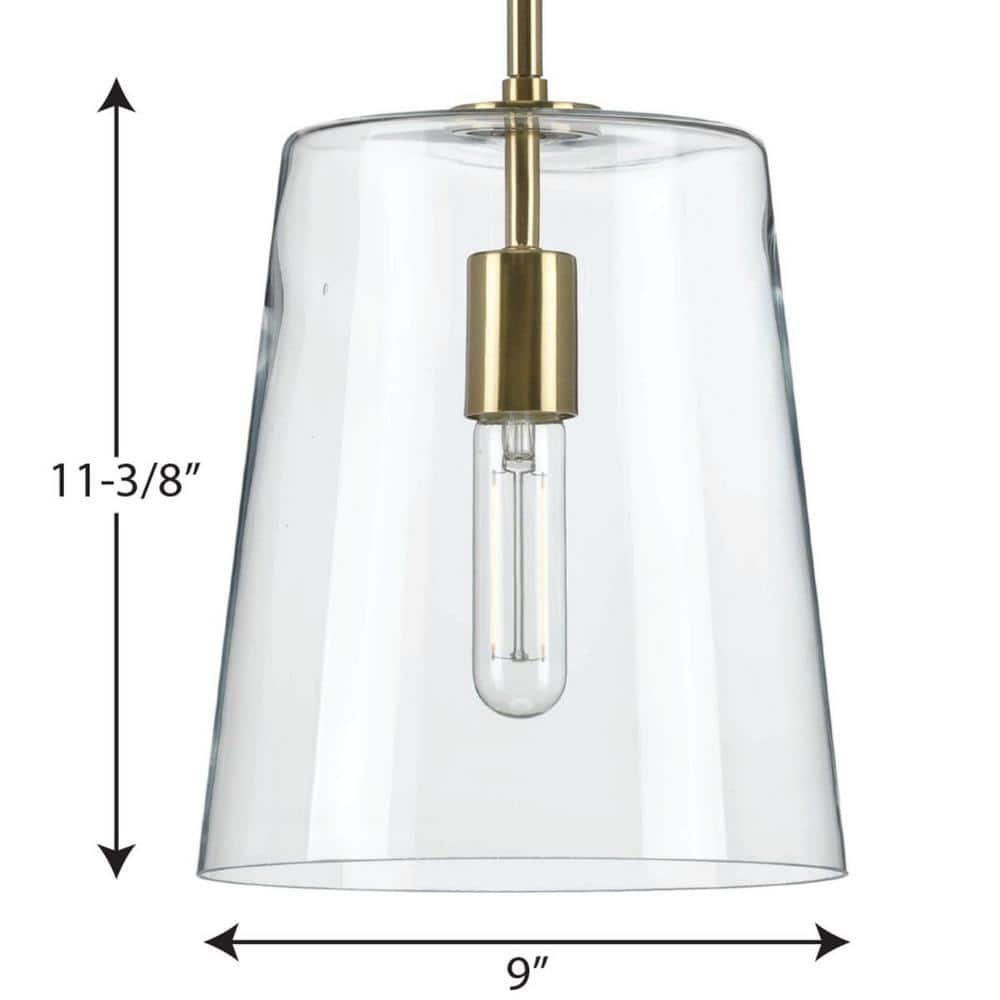Progress Lighting Clarion 1-Light Pendant, Steel, Satin Brass, Clear Glass Shade