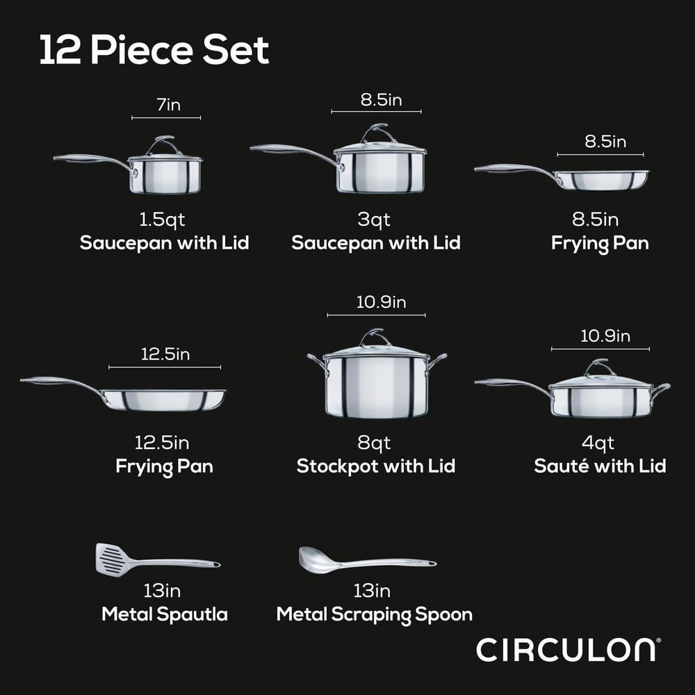 Circulon Circulon Clad Stainless Steel Cookware and Utensil Set with Hybrid SteelShield Nonstick, 12-Piece
