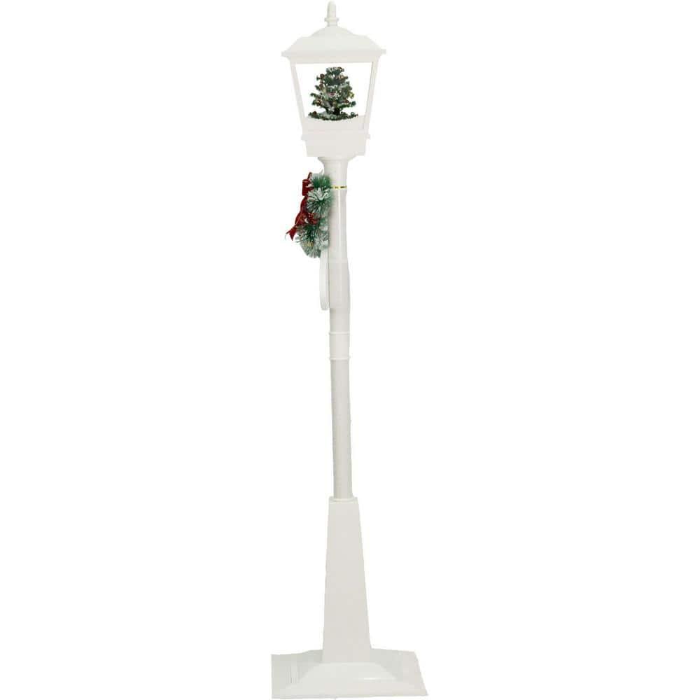 Christmas Time 71-In. Musical Snowy Street Lamp | Christmas Tree Scene, 2 Signs, Cascading Snow, and Holiday Songs | White | CT-SL071A-WHT