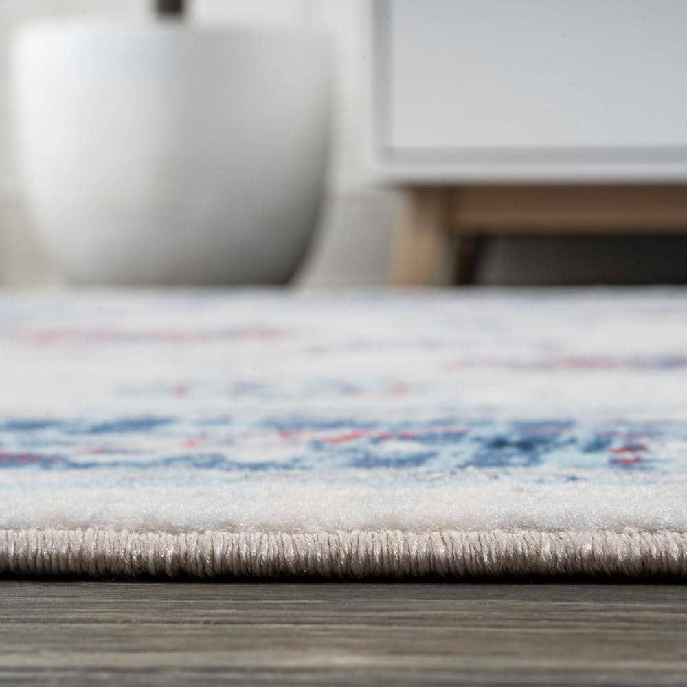 2'x8' Modern Persian Vintage Moroccan Traditional Area Rug, Cream/Navy - JONATHAN Y