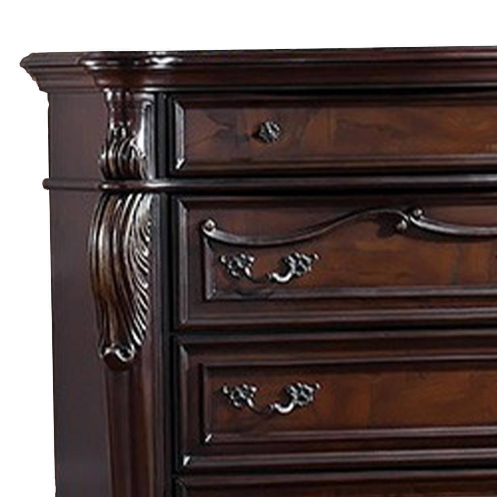 Benjara Venta Tall Dresser Chest, 5 Drawers, Carved Details Cherry Brown Solid Wood | Wayfair