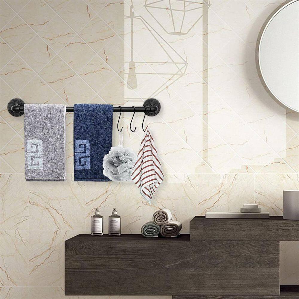 NearMoon Industrial Pipe Towel Bar, Heavy Duty Bathroom Hardware Towel Holder Accessory, Wall Mounted DIY Rustic Iron Bathroom Towel Rack Holder (24 Inch, Black)