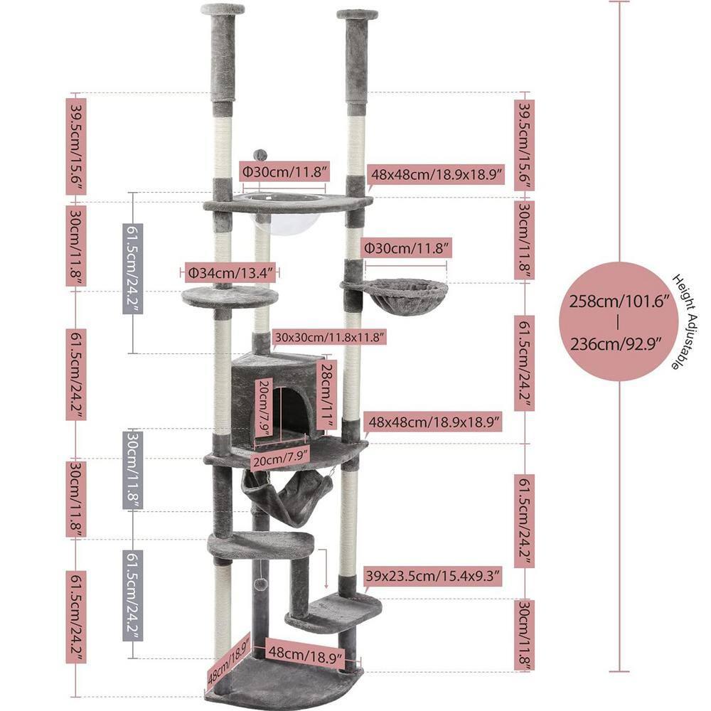 PEQULTI Floor to Ceiling Cat Tree 92.9’’-101.6’’ Height Adjustable Cat Tower Tall Kitty Climbing Play House with Scratching Posts, Cozy Condo, Perches and Large Hammock for Indoor Cats Gray