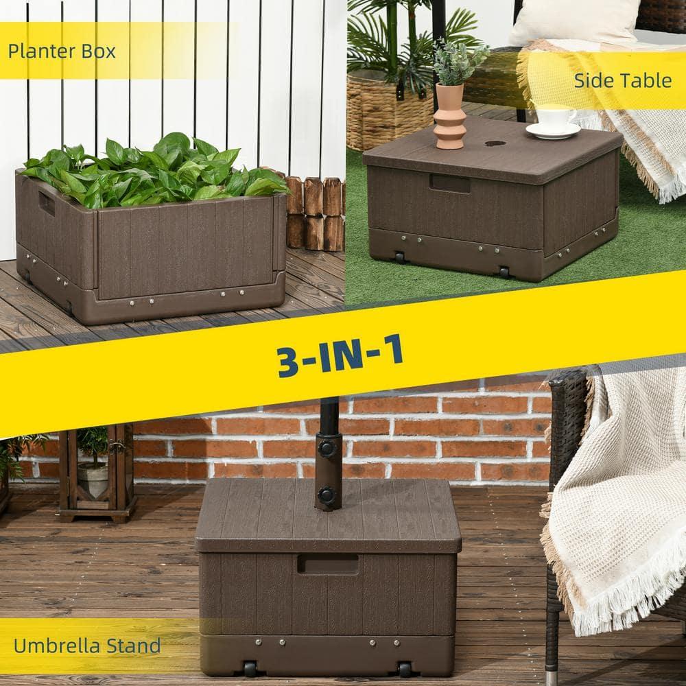 Outsunny 3-in-1 Patio Umbrella Stand Table Raised Garden Bed with Wheels and Handles, Brown