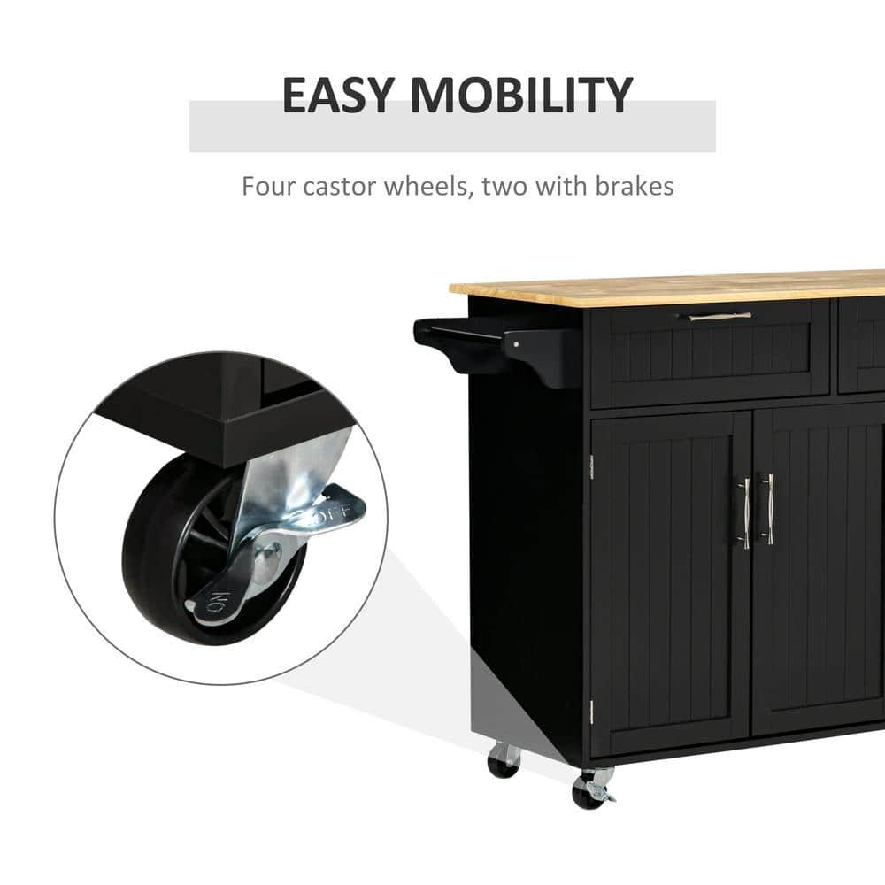 HOMCOM Modern Kitchen Island Cart on Wheels with Storage Drawers, Rolling Utility Cart with Adjustable Shelves, Cabinets and Towel Rack, Black