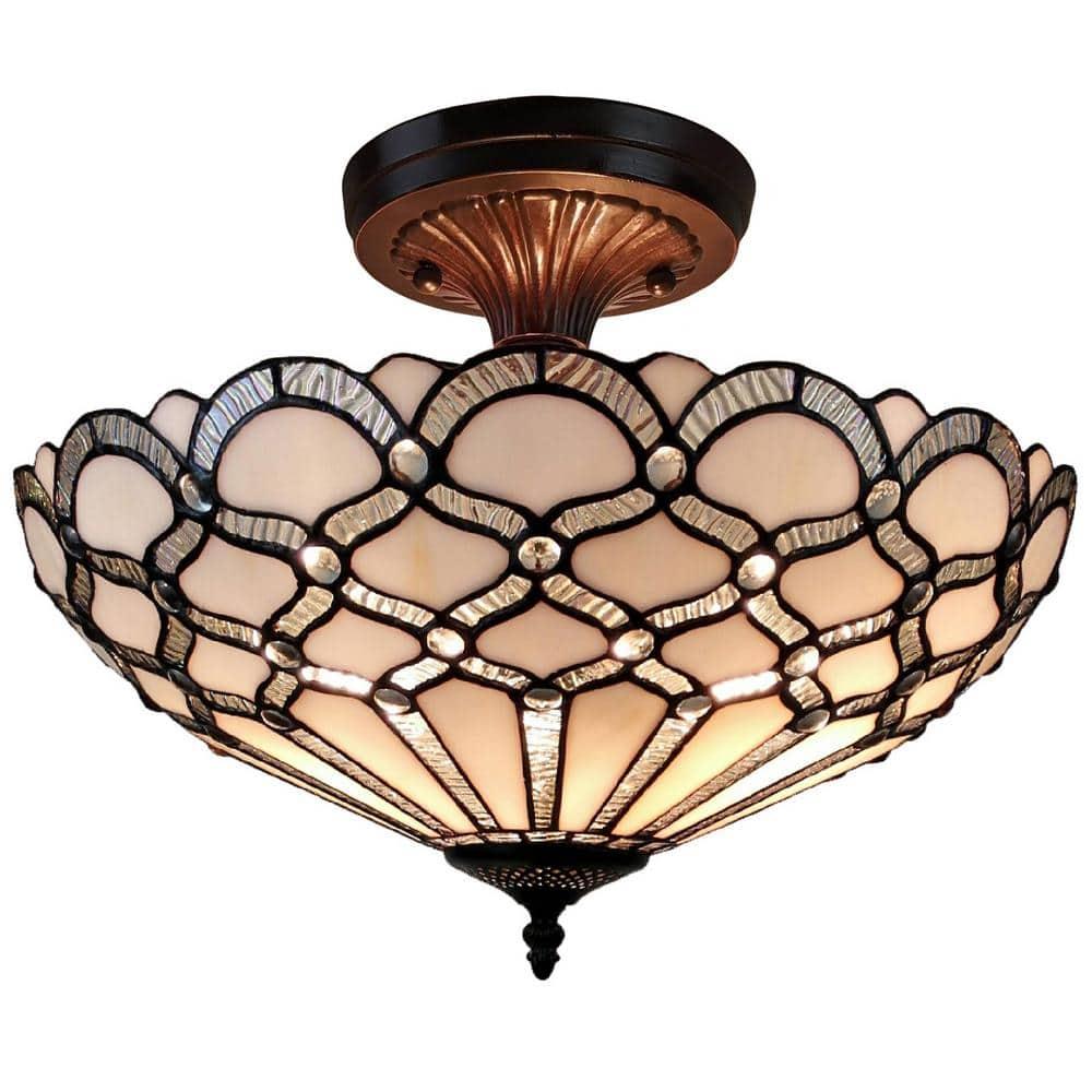 Amora Lighting Tiffany Style Ceiling Fixture Lamp Jeweled 17" Wide Stained Glass White Bedroom Hallway Gift AM108CL17B