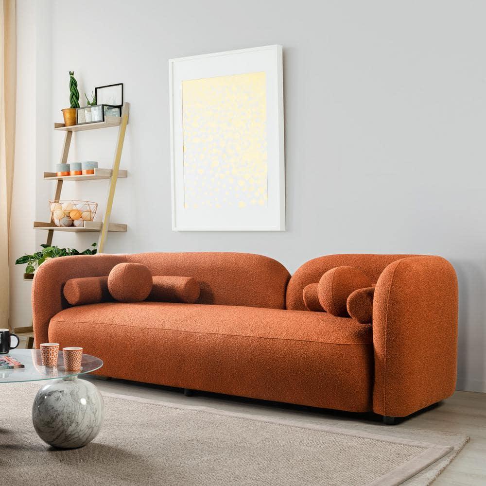 Pemberly Row Luxury Modern Orange Boucle Fabric Curvy Arm Couch