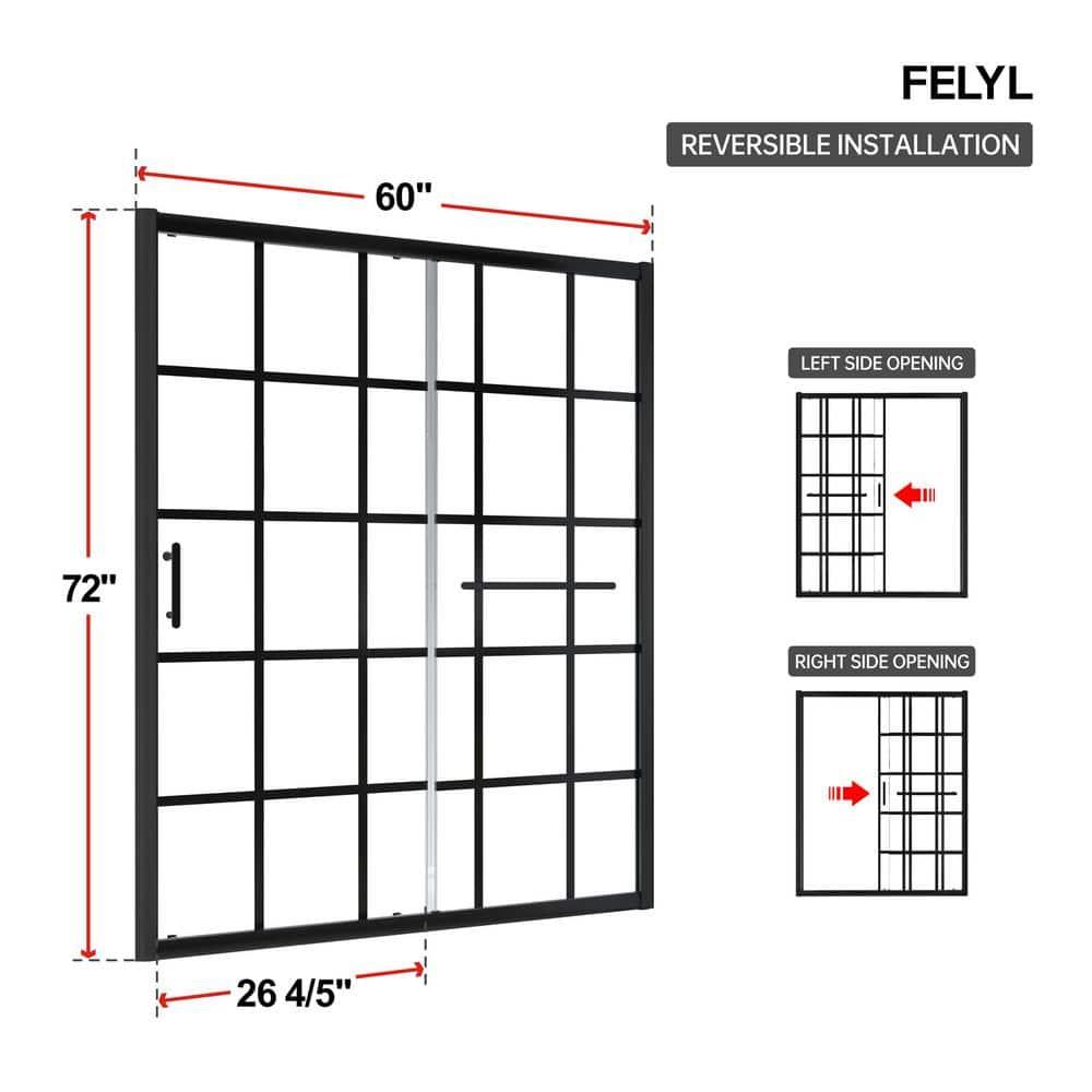 56-60" W x 72" H Framed Grid Pattern Single Sliding Shower Door with 1/4" (6mm) Clear SGCC Tempered Glass in Matte Black Finish, Reversible Installation