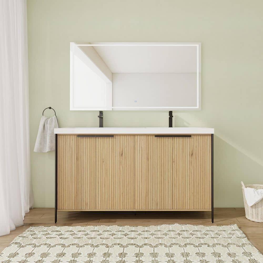 SSLine 24" Bathroom Vanity Cabinet Mid-Century Modern Under-Sink Cabinet Freestanding Bathroom Cabinet with Adjustable Storage Shelves,Natural Brown Stripe (Sink Not Include