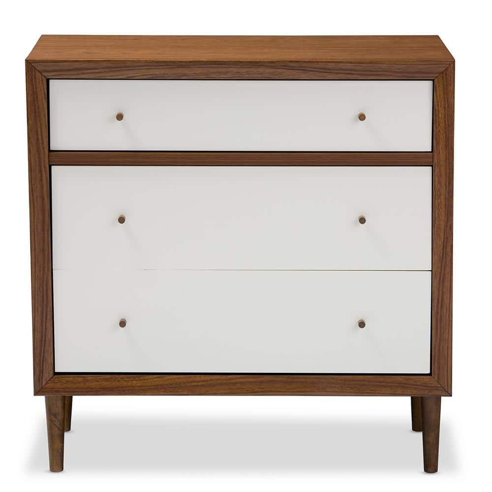 Baxton Studio Harlow Mid-Century Modern Scandinavian Style Wood 3 Drawer Chest White/Walnut : Rubberwood Frame, Spot Clean