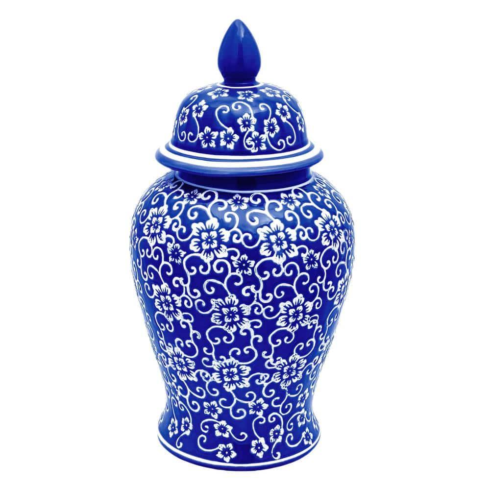18" White Flowers on Blue Temple Jar