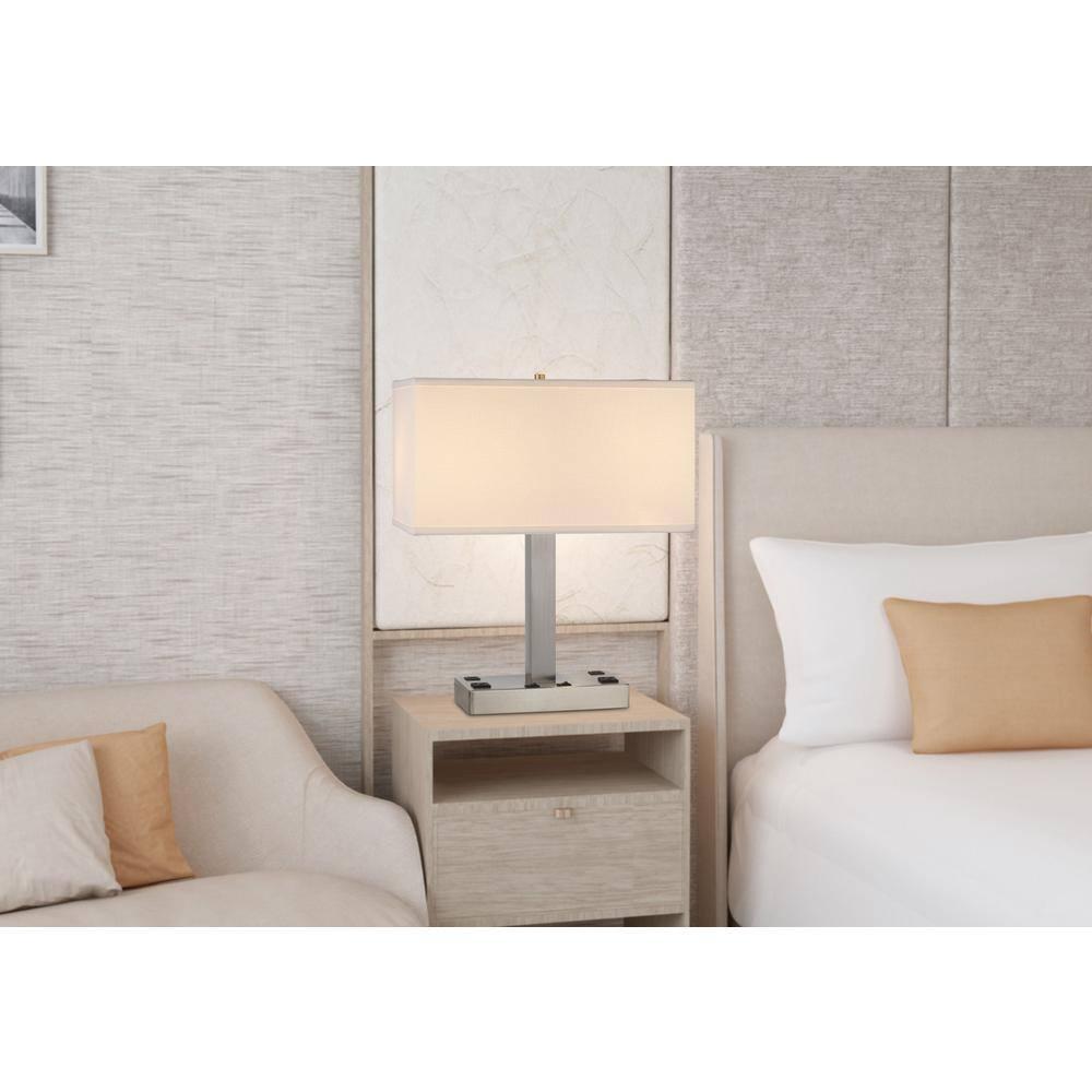 21 in. Nickel Metal Two Light Desk USB Table Lamp with White Rectangle Shade