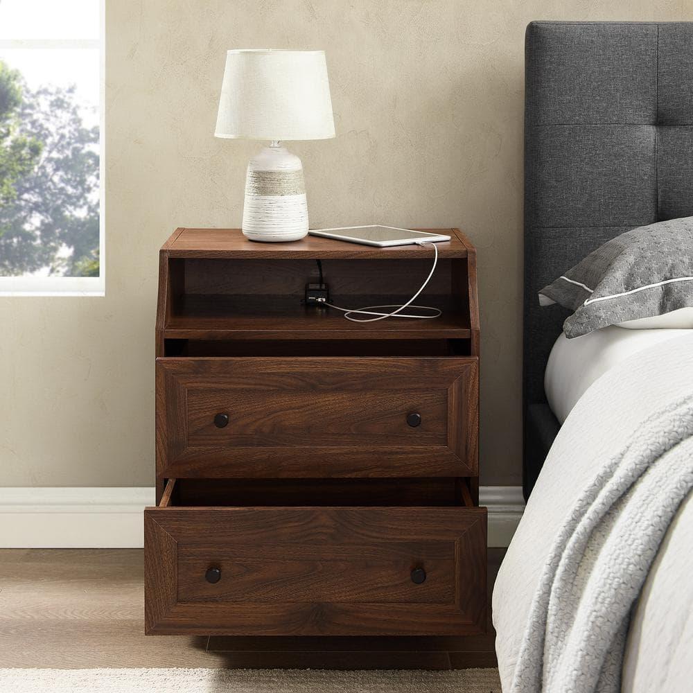 Walker Edison Modern 2 Drawer Nightstand with USB Port, Dark Walnut
