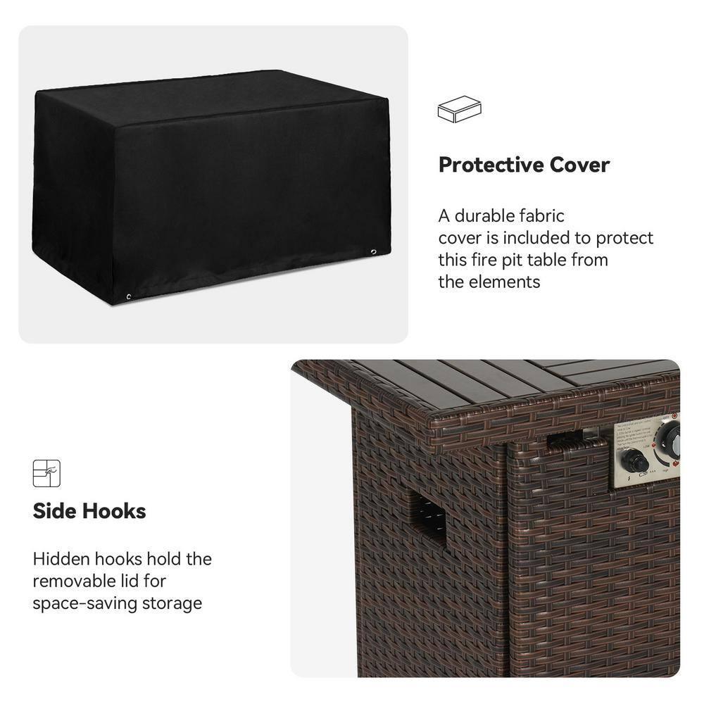 Gyutei44-in Rectangle 50,000 BTU PE Rattan Propane Fire Pit Table with Lid, Non-Glass Wind Cover