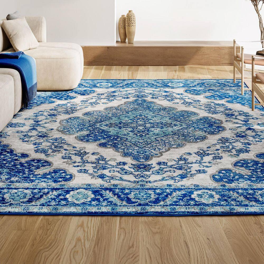 JONATHAN Y Bohemian FLAIR Boho Vintage Medallion Cream/Blue 3 ft. x 5 ft. Area Rug