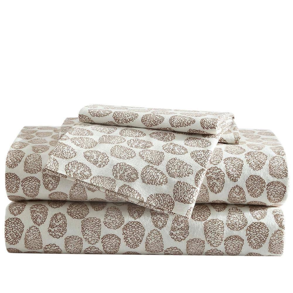 Beige Cotton Flannel Twin Sheet Set with Pine Cone Print