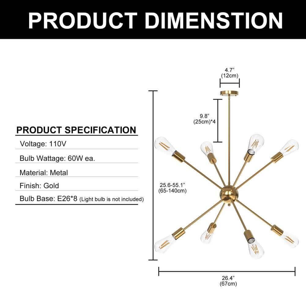 8 Lights Modern Sputnik Chandeliers Vintage Ceiling Light Fixture with E26 Bulb Base Industrial Pendant Lighting for Kitchen Dining Room Living Room Bedroom,Gold