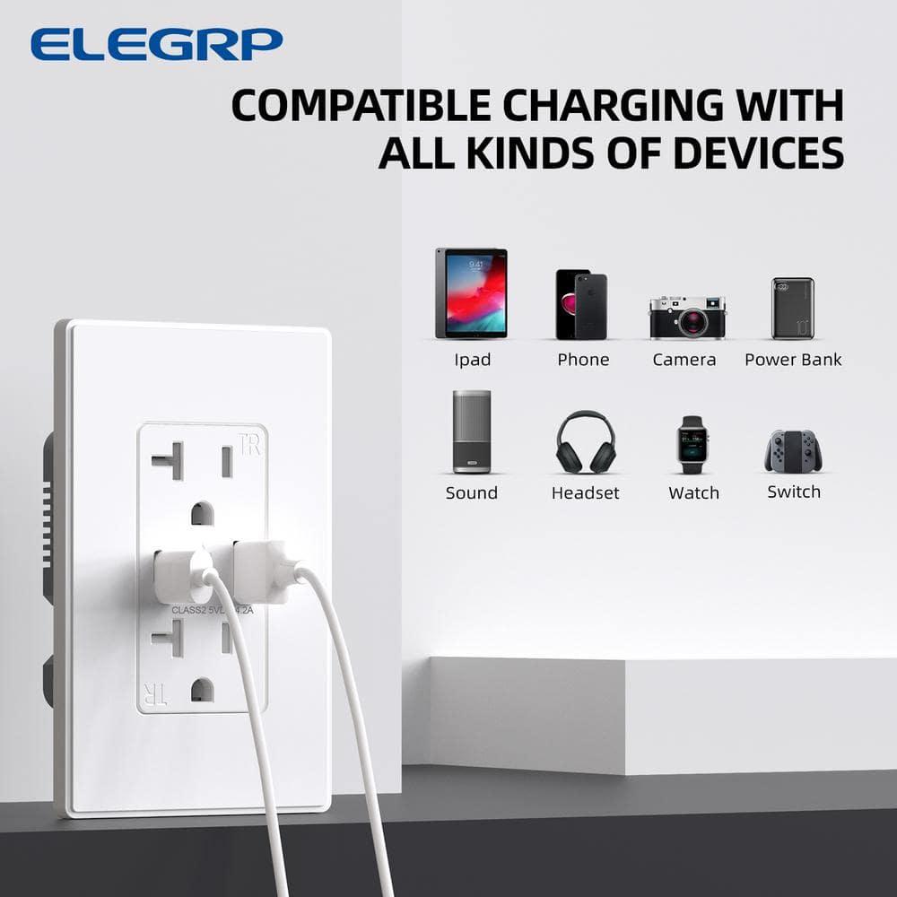 White 21W USB Wall Outlet with Type A and Type C Ports