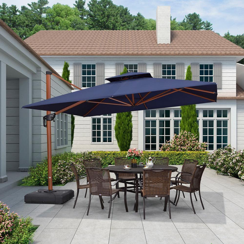PURPLE LEAF 11FT Deluxe Square Wood Grain Patio Umbrella, Large Offset Cantilever Umbrella with 360° Rotation, Navy Blue