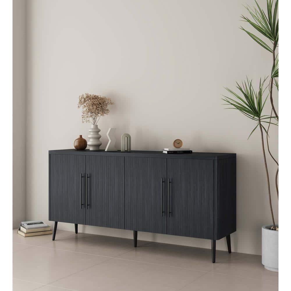 Manhattan Comfort Jodie 65" Mid-Century Modern Sideboard with 8 Adjustable Shelves in Charcoal Gray