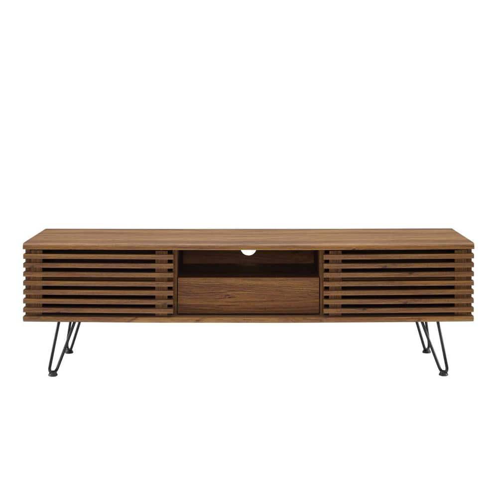59" Render TV Stand for TVs up to 70" Walnut - Modway: Modern Media Console with Open Shelves & Metal Hardware