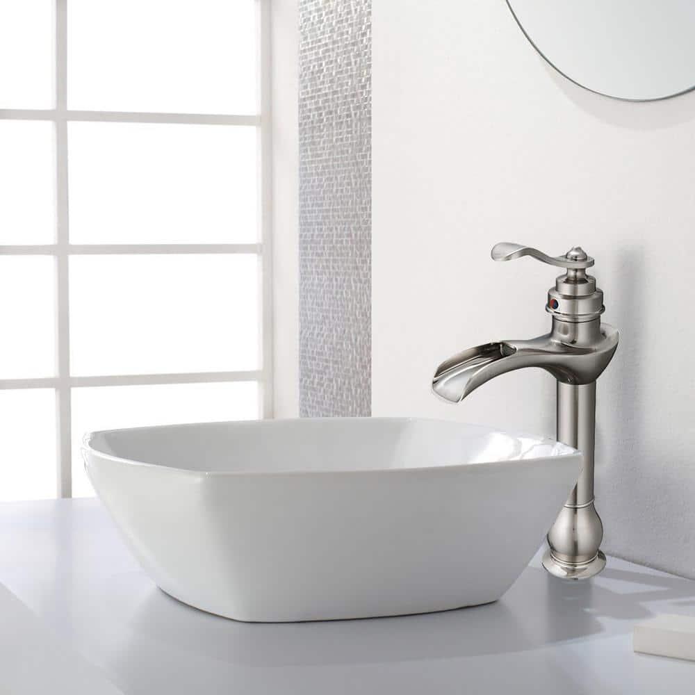 Waterfall Bathroom Faucet Brushed Nickel GGStudy Single Handle One Hole Tally Body Farmhouse Bathroom Vessel Sink Faucet Matching with Pop Up Drain