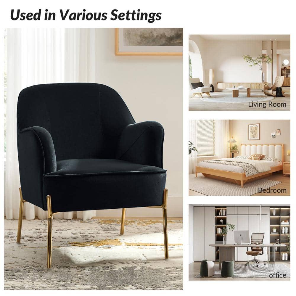 Elegant Black Velvet Curved Backrest Accent Chair with Golden Metal Legs