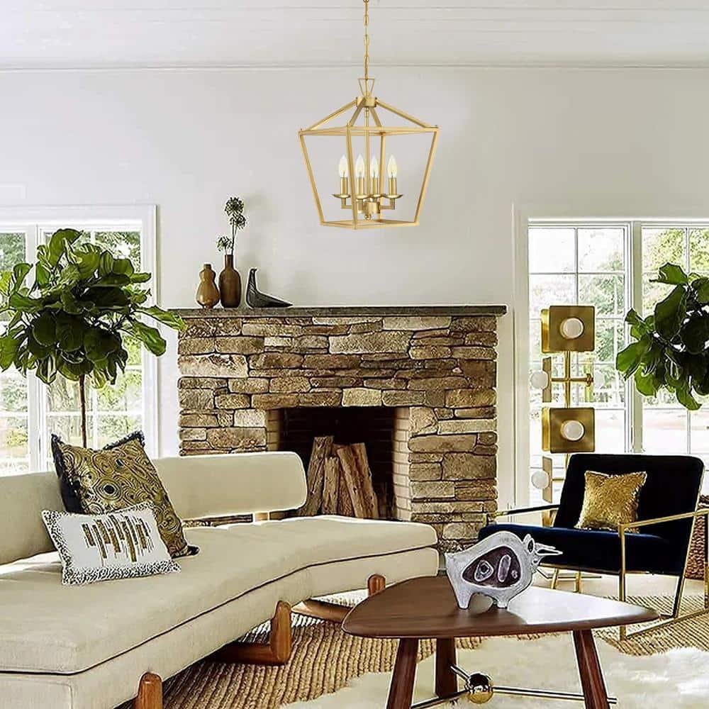 Rustic Lantern Chandeliers 4-Light Ceiling Cage Hanging Lights Gold Pendant Light Fixtures for Kitchen Island Dining Room Farmhouse Entryway Foyer