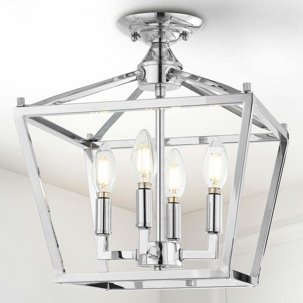 Plains Mini Lantern 12 in. 4-Light Chrome Iron Modern Farmhouse LED Flush Mount