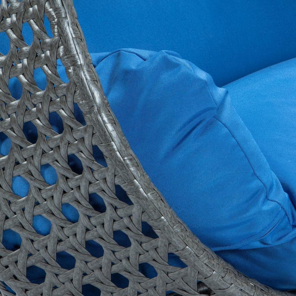 LeisureMod Charcoal Rattan Wicker Double 2 Person Egg Swing Chair with Stand, Blue Cushion