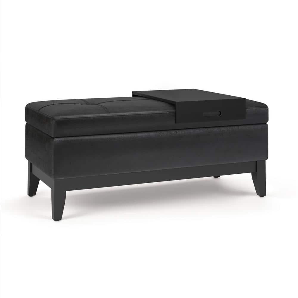 Simpli Home Oregon 42"W Upholstered Storage Ottoman Bench with Lift-Top Lid and Tray