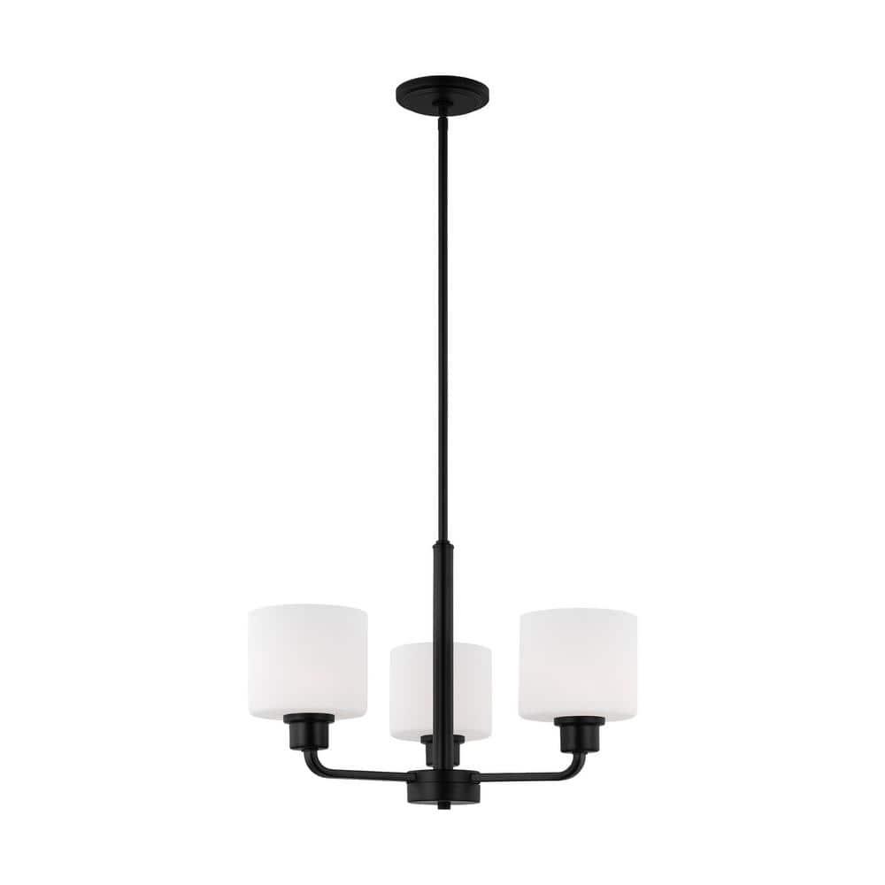 Canfield 3-Light Midnight Black Modern Minimalist Hanging Drum Chandelier with Etched White Glass Shades