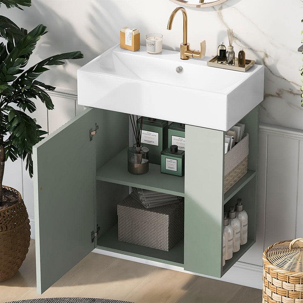 CARPET DESIGN UNLIMITED 2015 LLC 21.6 inch Modern Floating Bathroom Vanity with Ceramic Basin, Right side storage, Green