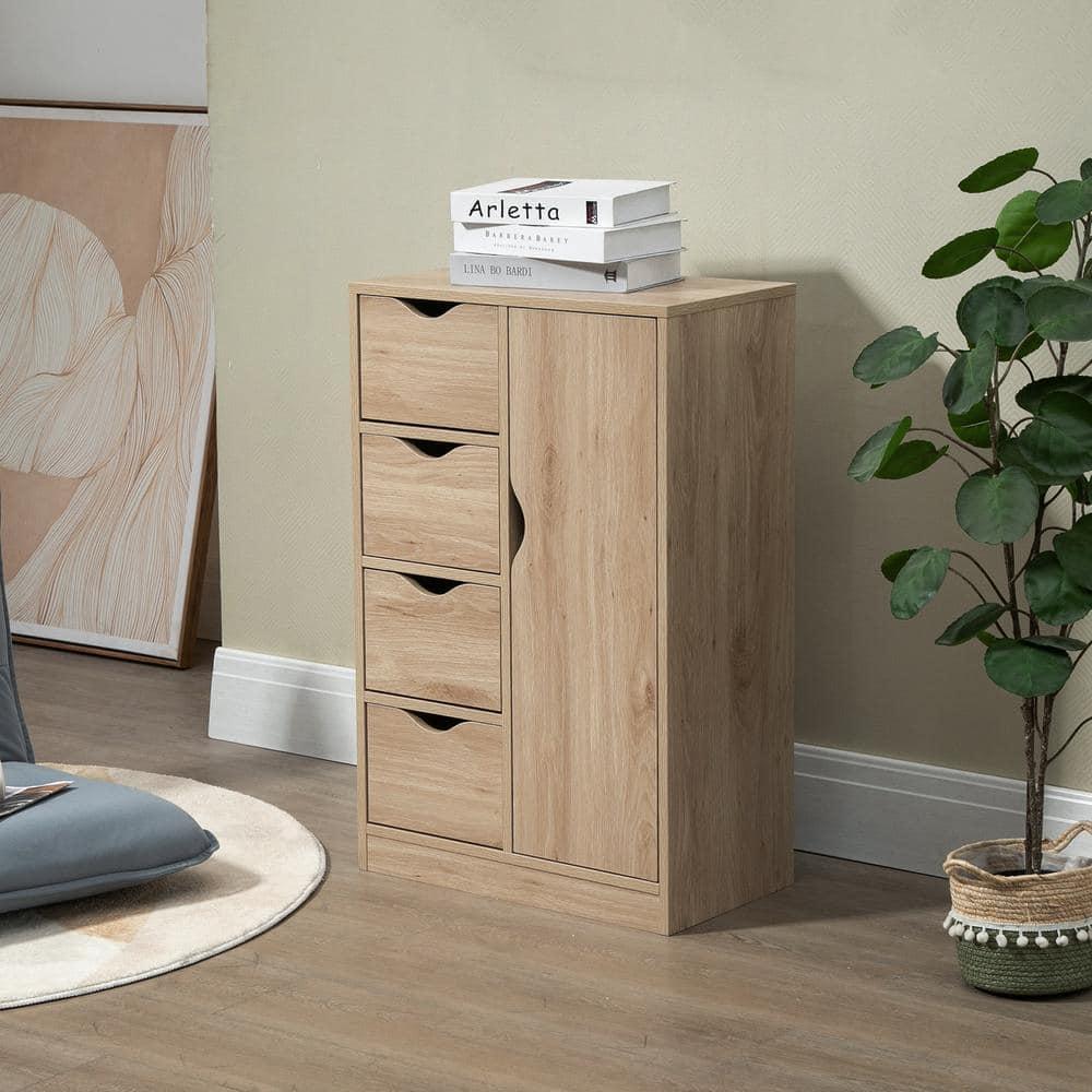 HOMCOM Freestanding Storage Cabinet, Bathroom Floor Cabinet with 4 Drawers and Door, Oak