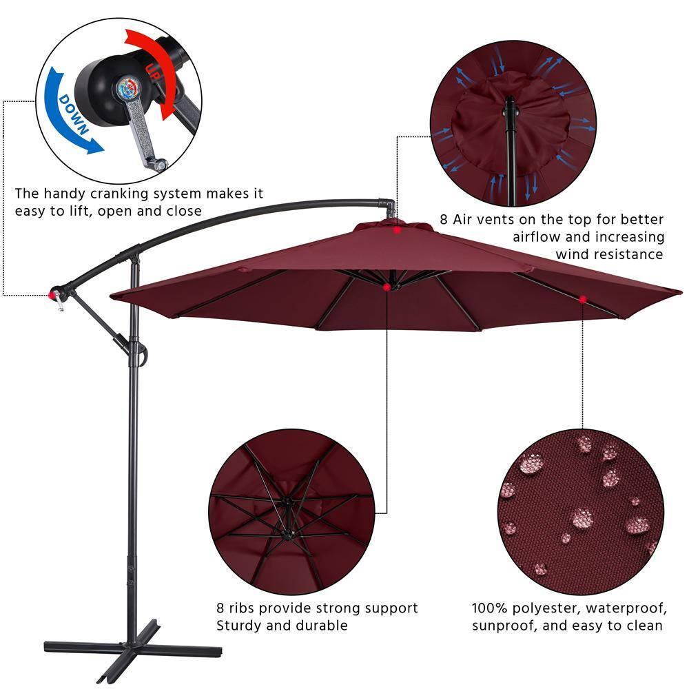 Yaheetech 10FT Patio Offset Umbrella - Cantilever Hanging Outdoor Umbrellas w/UV Protection & 8 Ribs & Handy Crank & Cross Base for Market/Garden/Lawn/Deck/Backyard/Pool - Burgundy