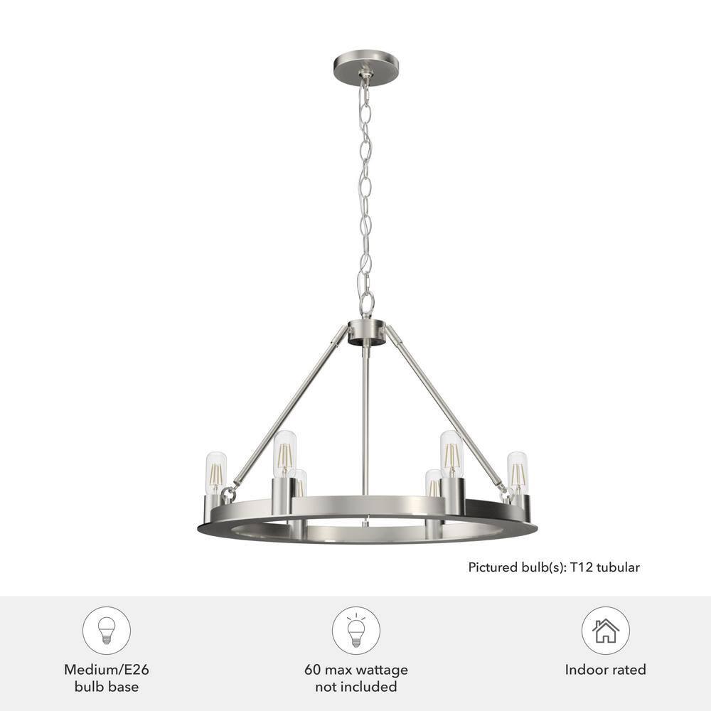 Hunter - Saddlewood 6-light Brushed Nickel, Large Chandelier, Dimmable, Casual Style, Wagon Wheel Shaped, for Bedrooms, Kitchens, Dining, Living Rooms - 19034