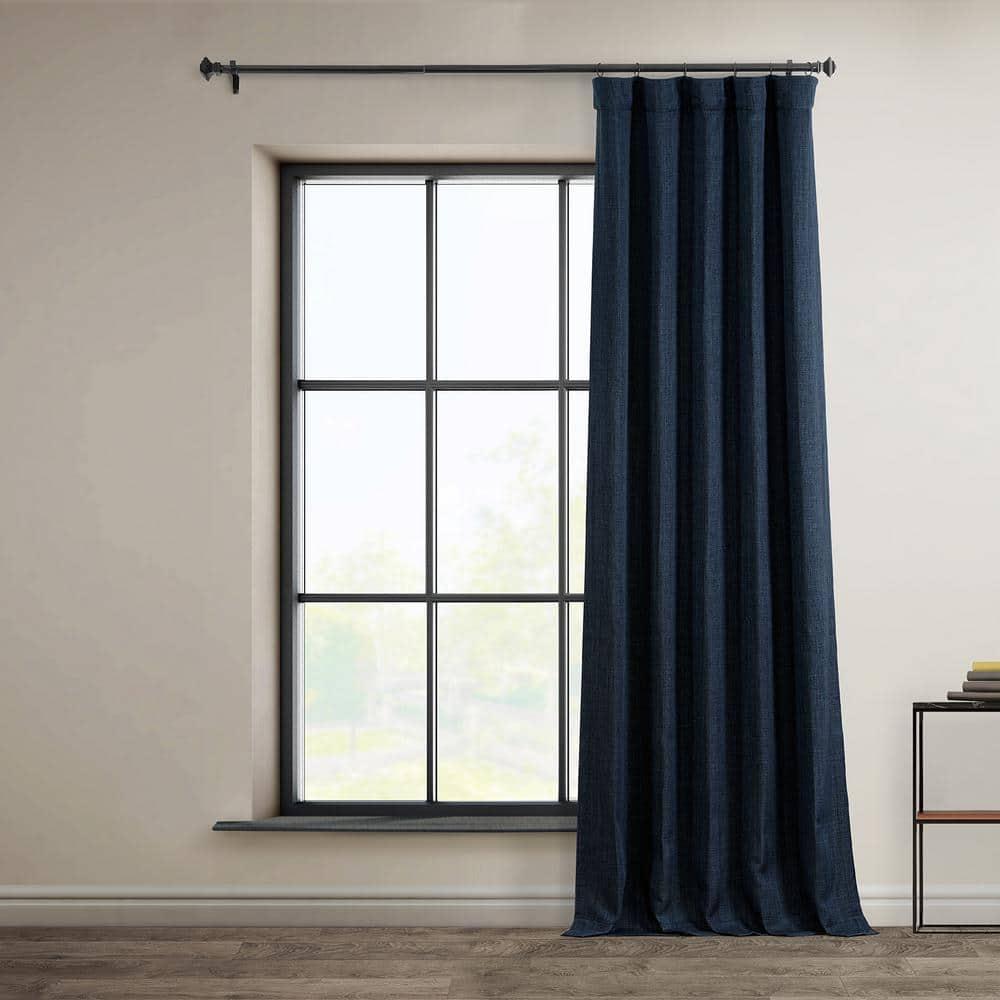Nightfall Navy Blue Faux Linen Room Darkening Curtain - 50 in. W x 96 in. L (1 Panel)
