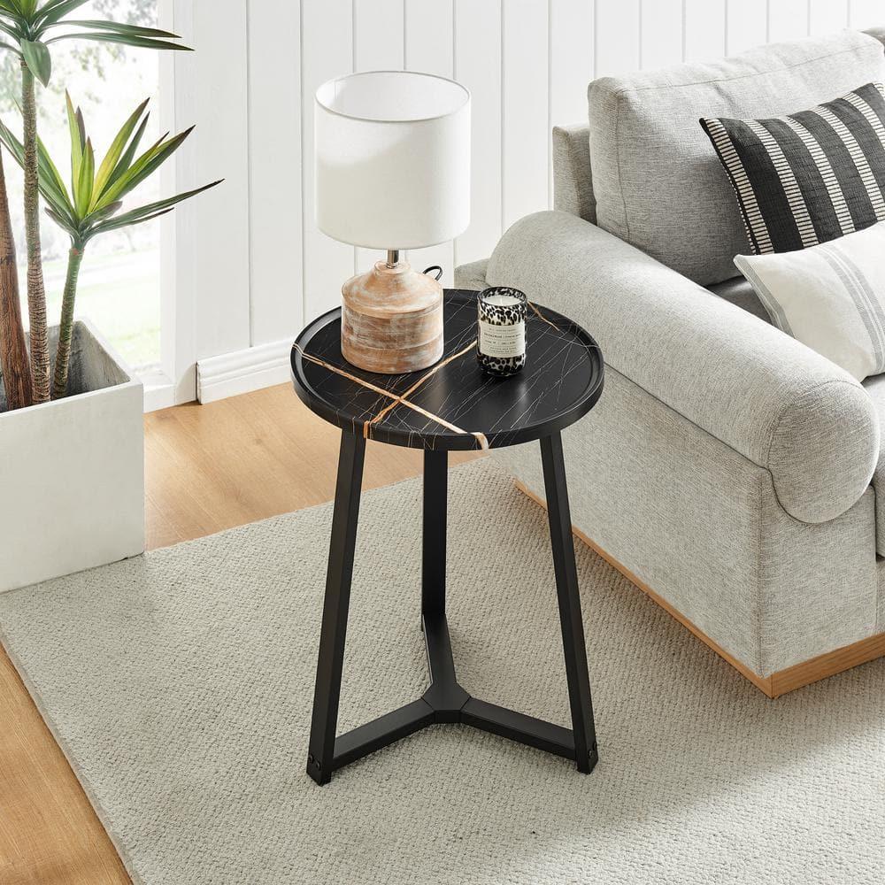 Danya B. 23.3"x19.7" Harper Round Mid-Century Side Accent Table with Modern Pedestal Legs Black Marble/Black: Chic Furniture for Living Room
