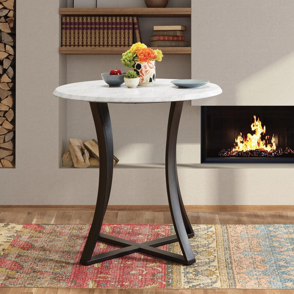 Mesa de Comedor con Tapa de Mármol Blanco Sintético Metro de 36" con Base de Metal Negro