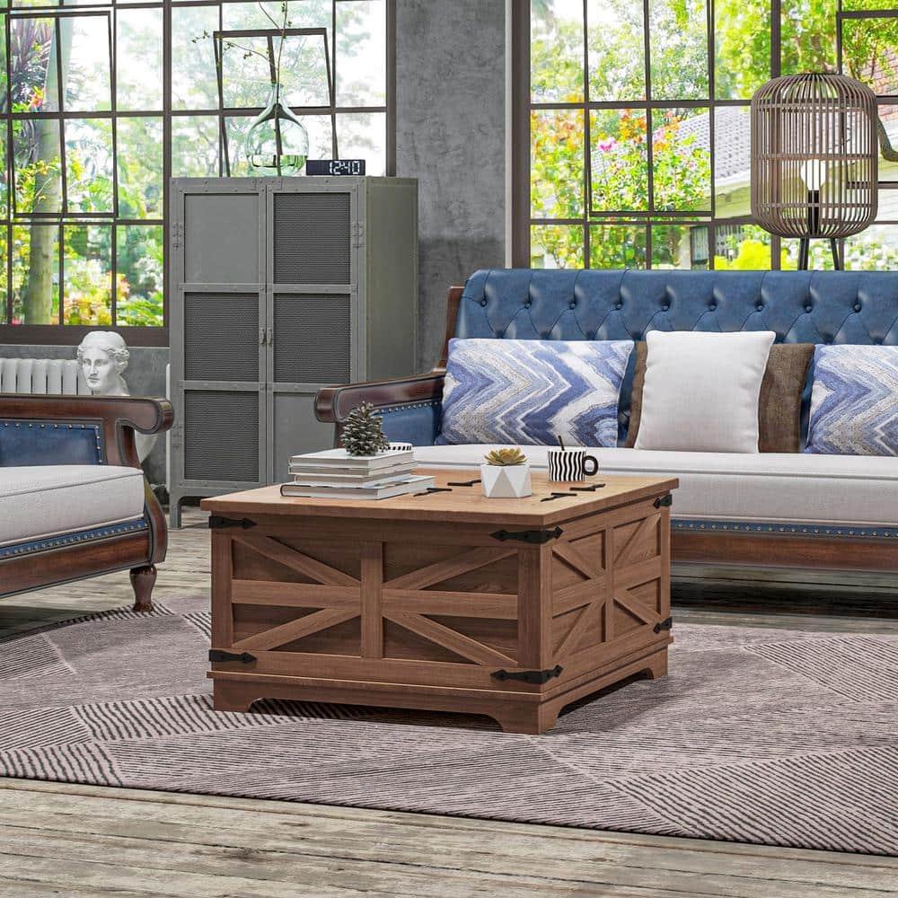 HOMCOM Farmhouse Coffee Table with Flip Top, Hidden Storage Compartment, Square Center Table for Living Room, Distressed Brown