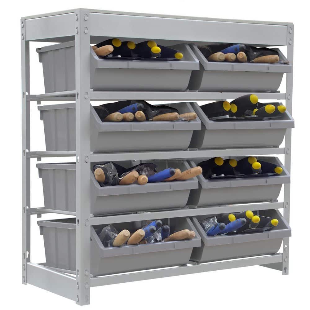 Bin Rack, Shelving Unit with Durable Construction for Easy Organization of Parts and Tools, Boltless Steel Storage System Organizer with 8 Plastic Bins in 4 tiers, Use in Store, Garage,Grey