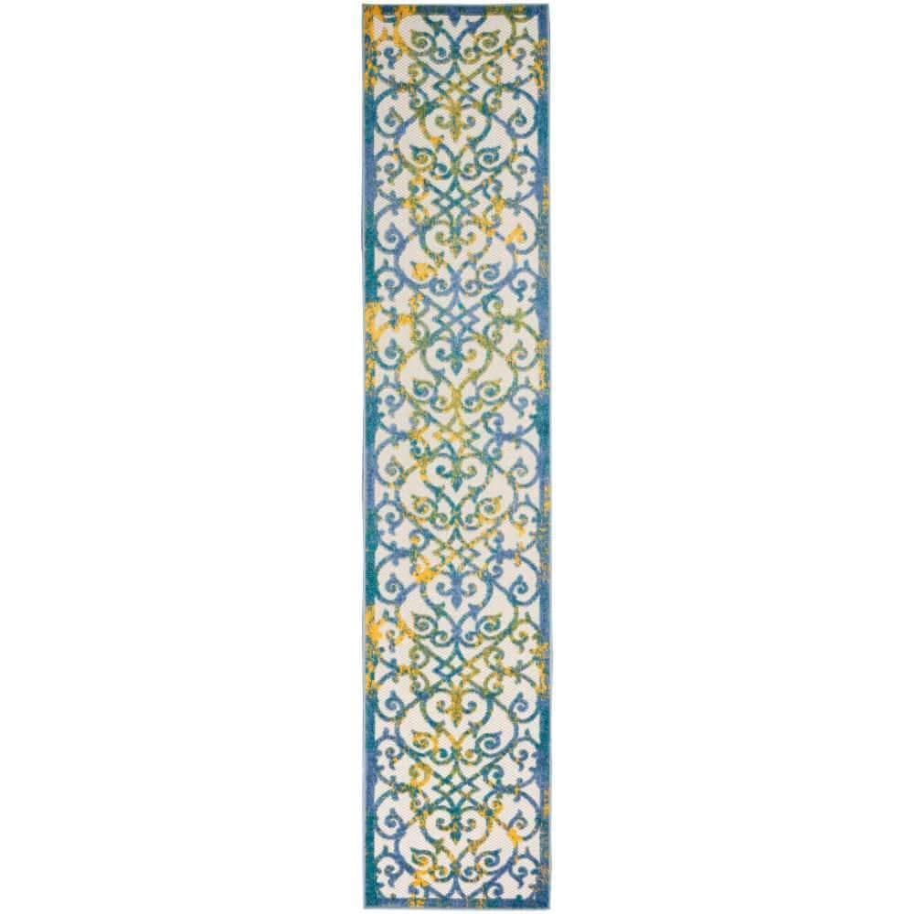 Nourison Aloha Contemporary Scroll Flatweave High-Low Indoor Outdoor Runner Rug Ivory Blue 2'3" x 10'