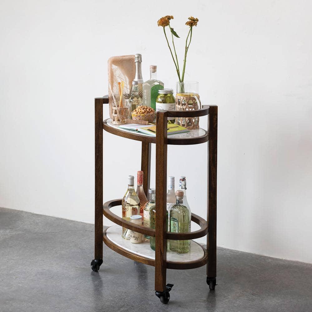 Walnut Finish and White Mango Wood and Marble 2-Tier Bar Cart