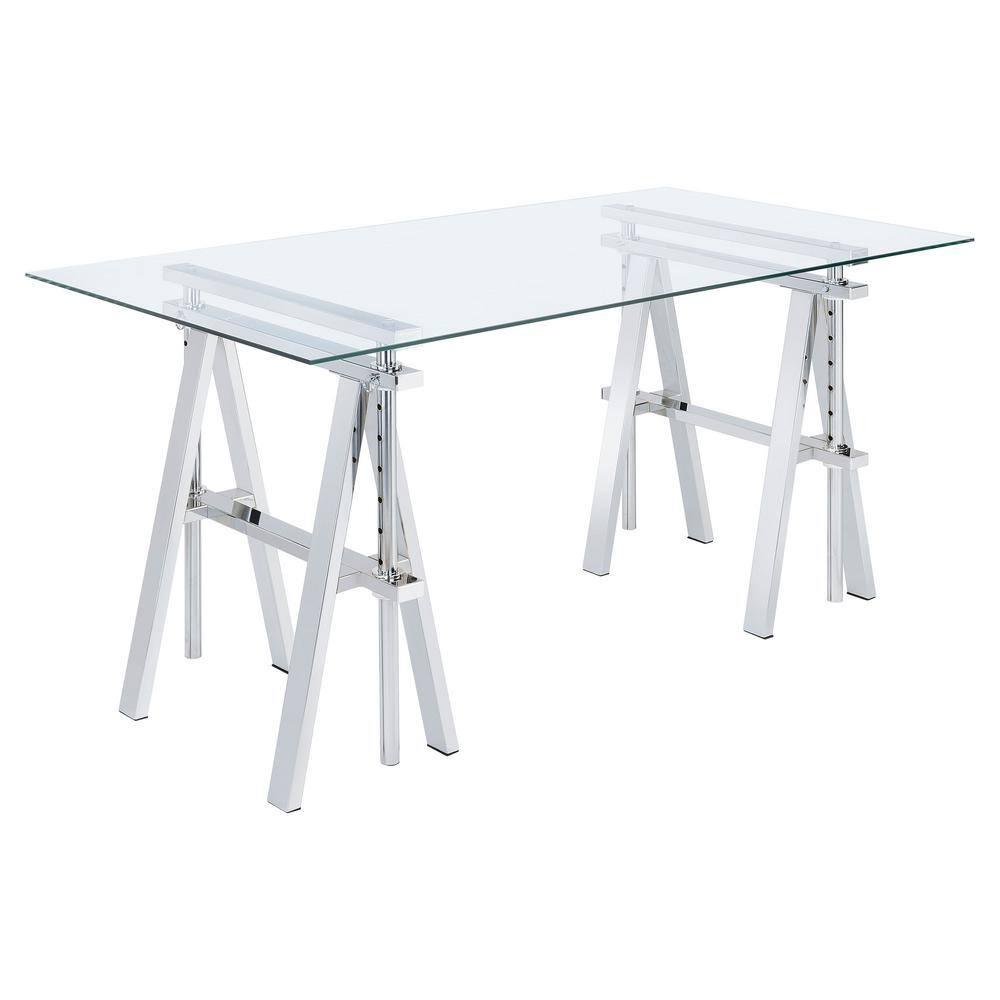 Statham Glass Top Adjustable Sawhorse Standing Desk Chrome - Coaster: Industrial Style, Manual Height Adjustability