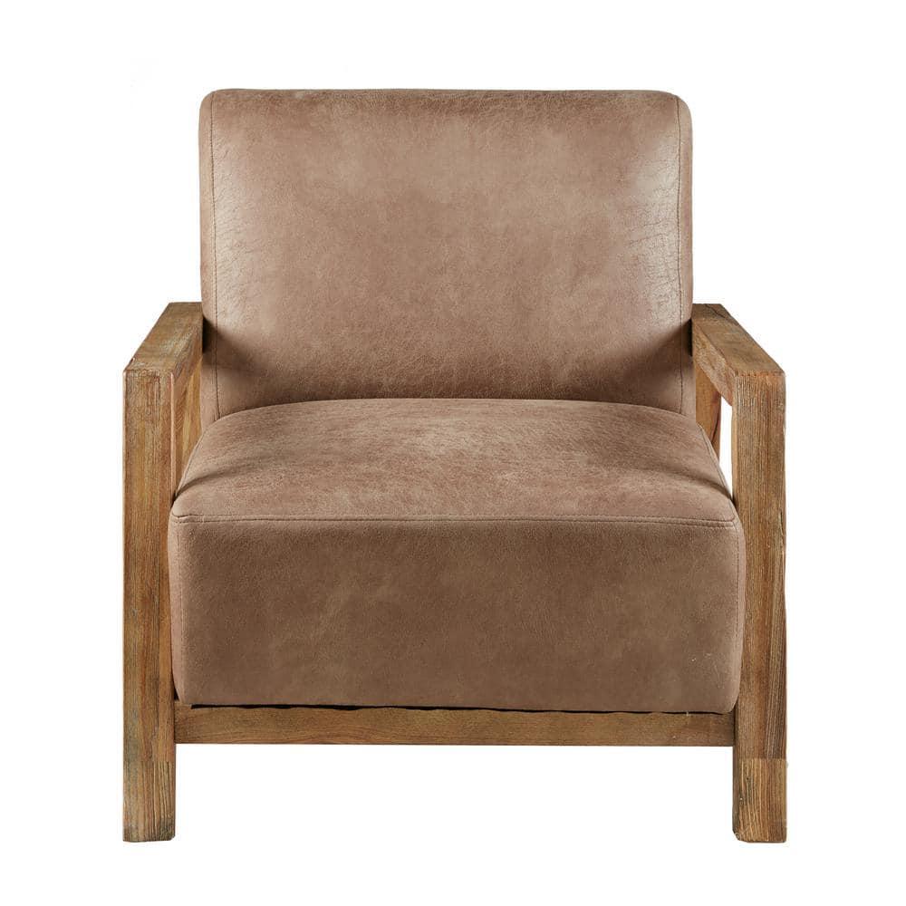 Easton Accent Chair Taupe/Natural: Solid Wood Arms, Reclaimed Finish, Polyurethane Leather